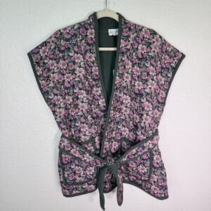 Self Contrast Vest Jacket Women Large Floral Quilted Belted Boho Anthropologie L